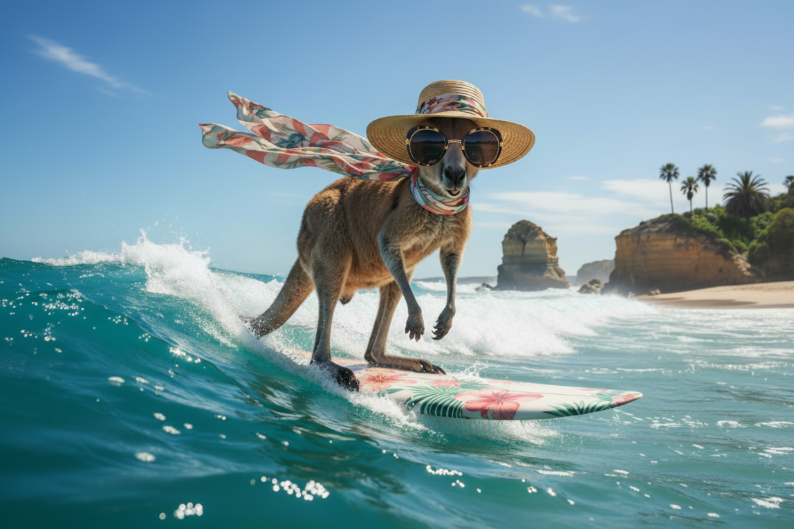 Surfing Kangaroo with Round Sunglasses